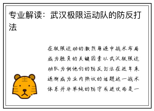 专业解读：武汉极限运动队的防反打法