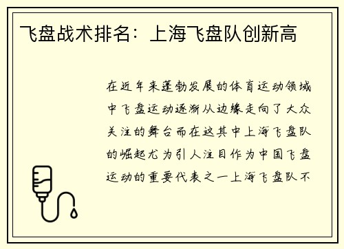 飞盘战术排名：上海飞盘队创新高
