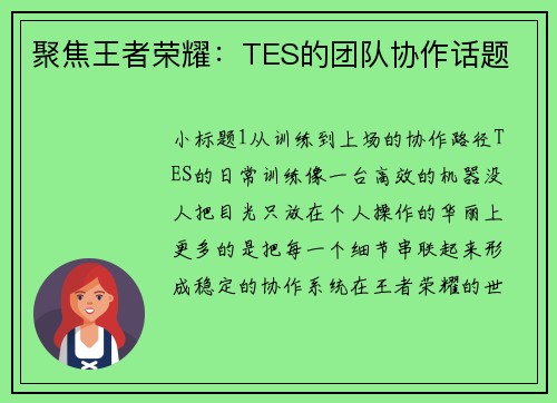 聚焦王者荣耀：TES的团队协作话题