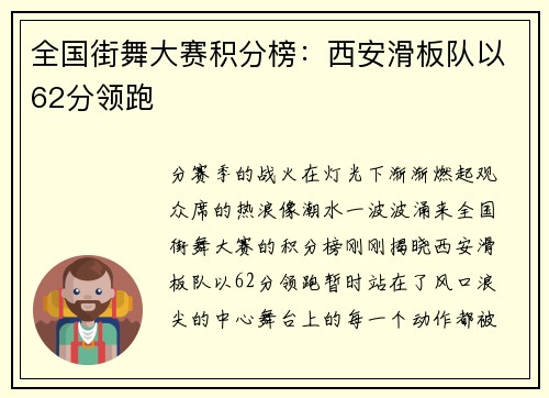 全国街舞大赛积分榜：西安滑板队以62分领跑