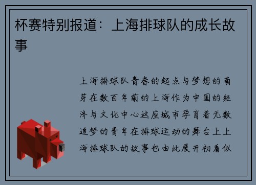 杯赛特别报道：上海排球队的成长故事